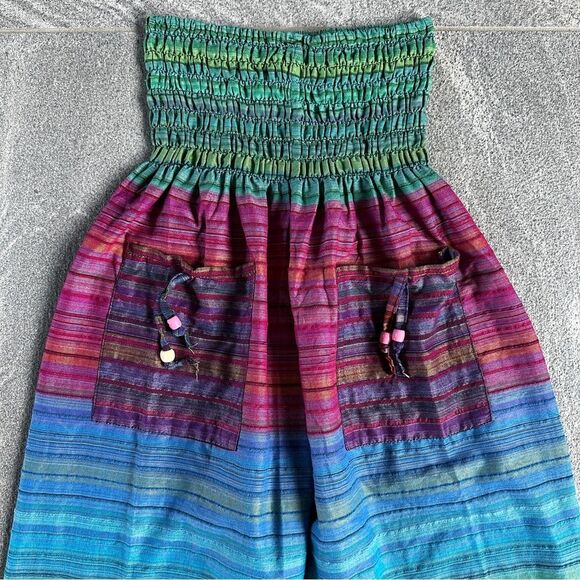 EUC Boho Cotton Harem Pants Cropped Rainbow Stripe Smocked Waist Front Pockets - Picture 3 of 12